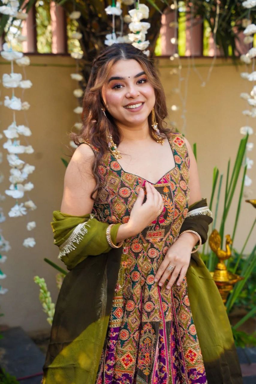 Digital printed Jmy organza silk suit with huge flair