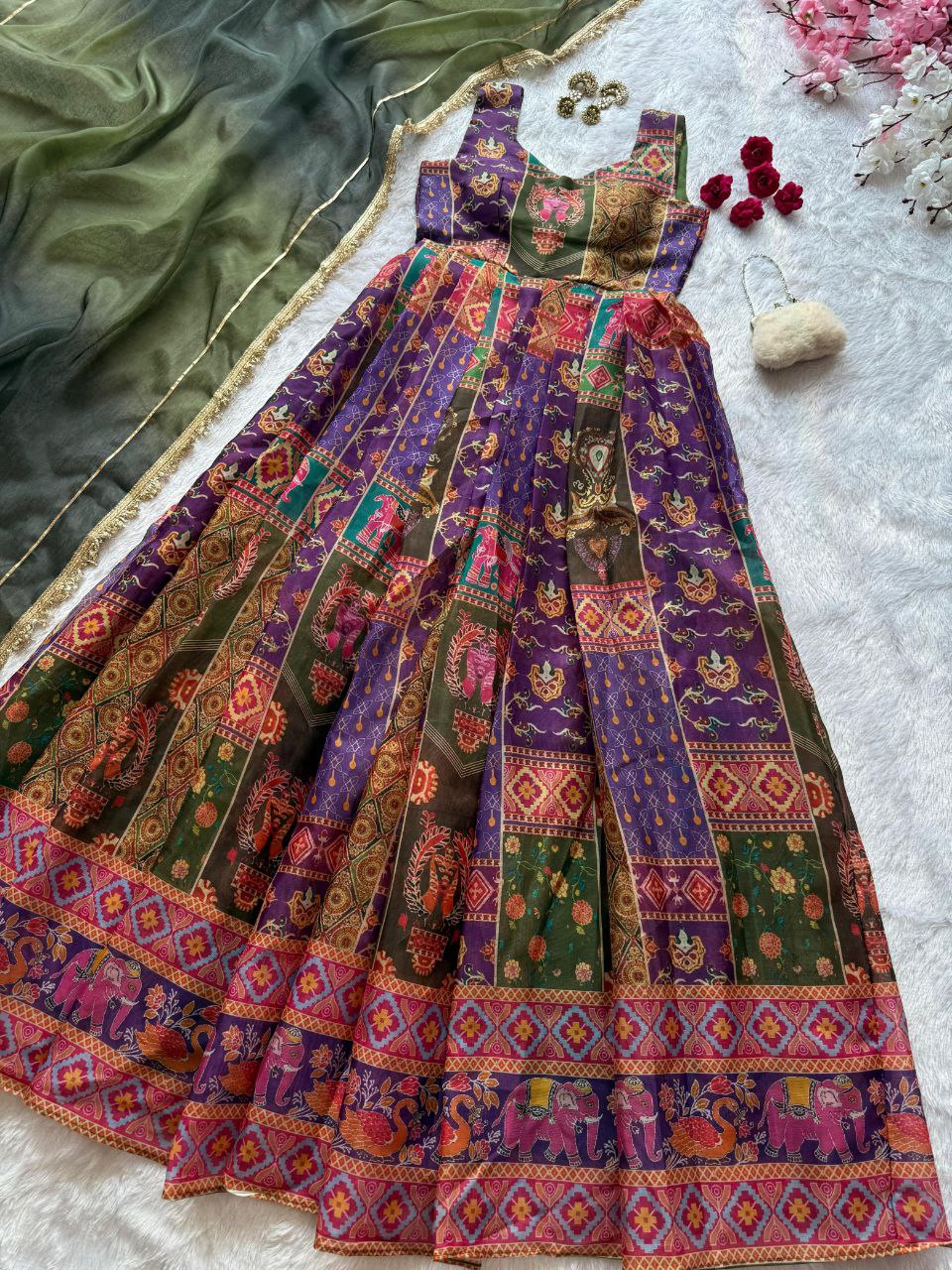 Digital printed Jmy organza silk suit with huge flair