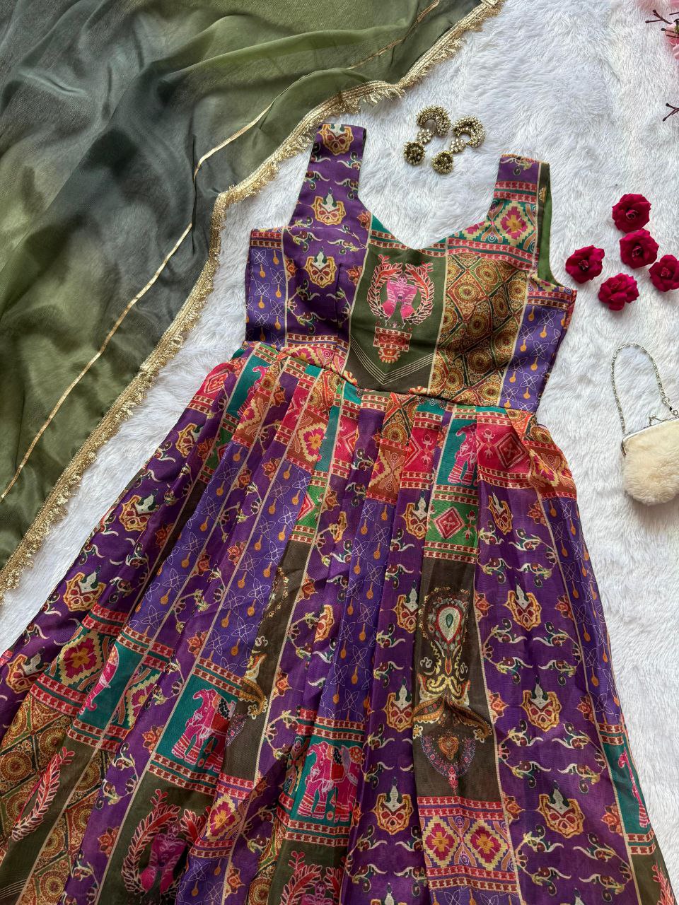 Digital printed Jmy organza silk suit with huge flair
