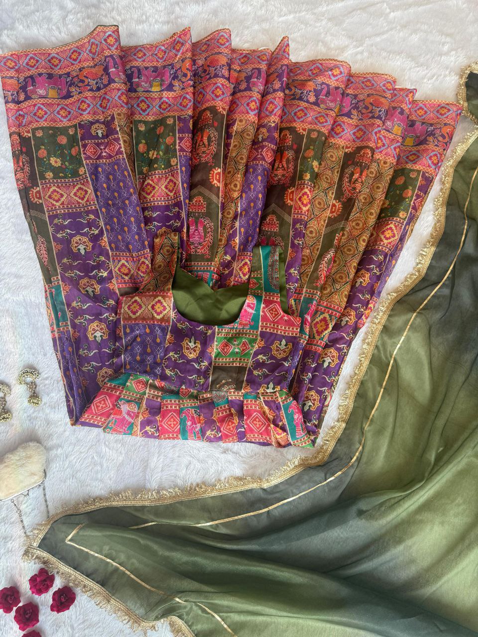 Digital printed Jmy organza silk suit with huge flair
