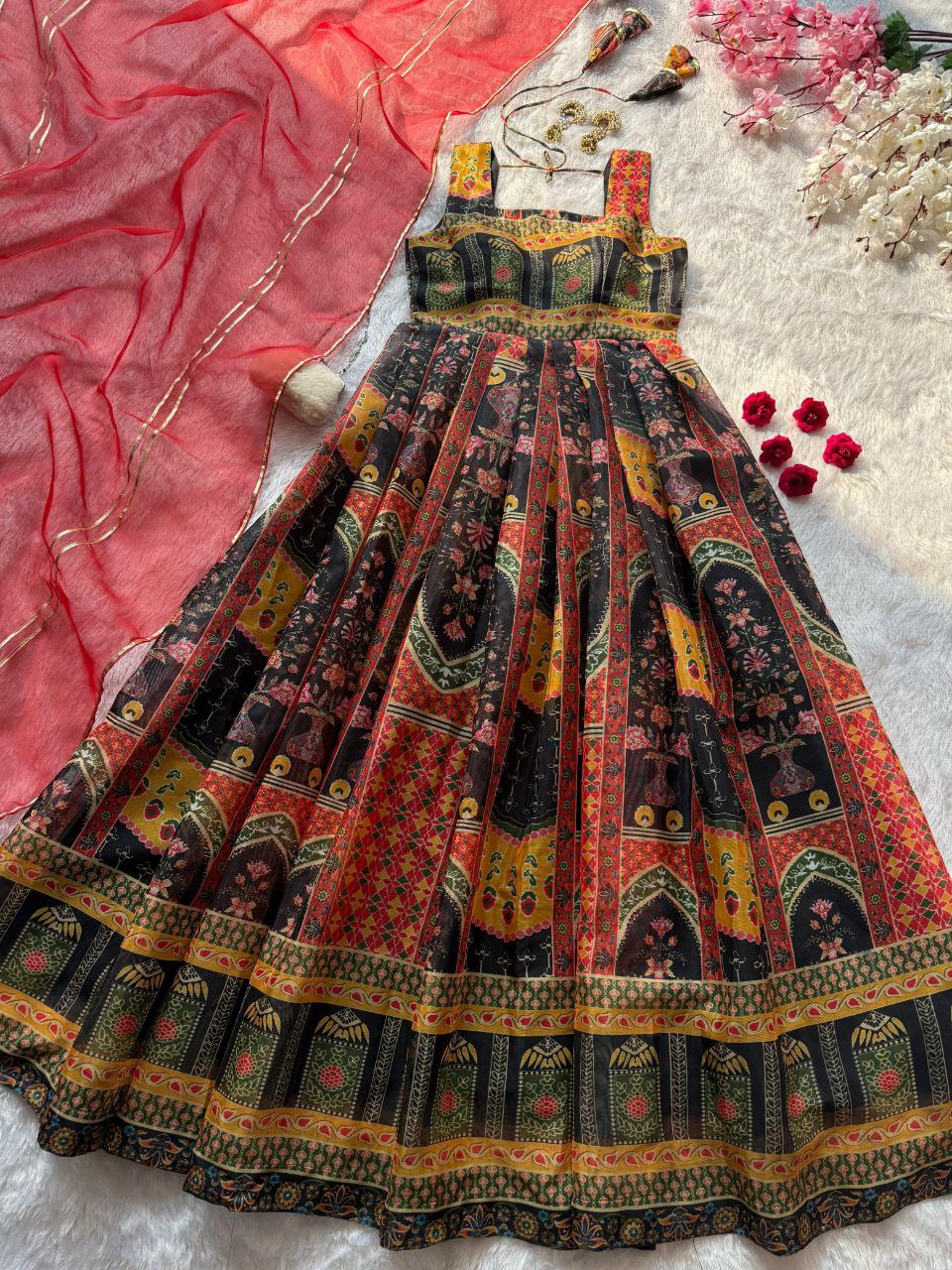 Digital printed Jmy organza silk suit with huge flair