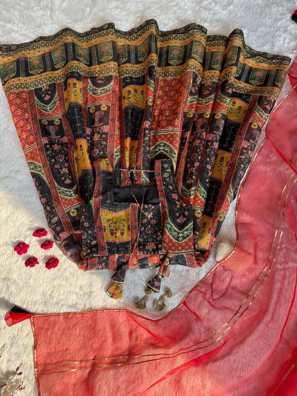 Digital printed Jmy organza silk suit with huge flair