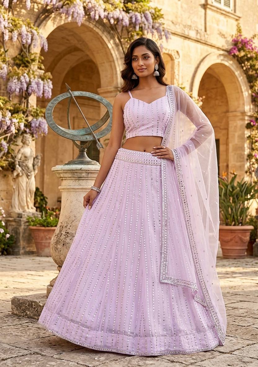 Sehen Sie umwerfend aus in diesem wunderschönen cremefarbenen Lehenga-Set