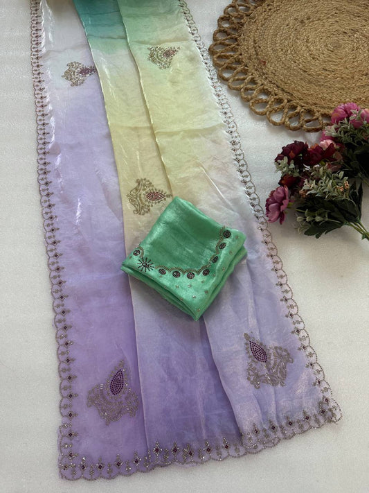 Pure Fandy satin material wih digital prints and jarkan diamond attched