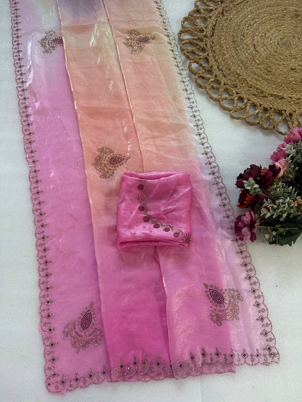 Pure Fandy satin material wih digital prints and jarkan diamond attched
