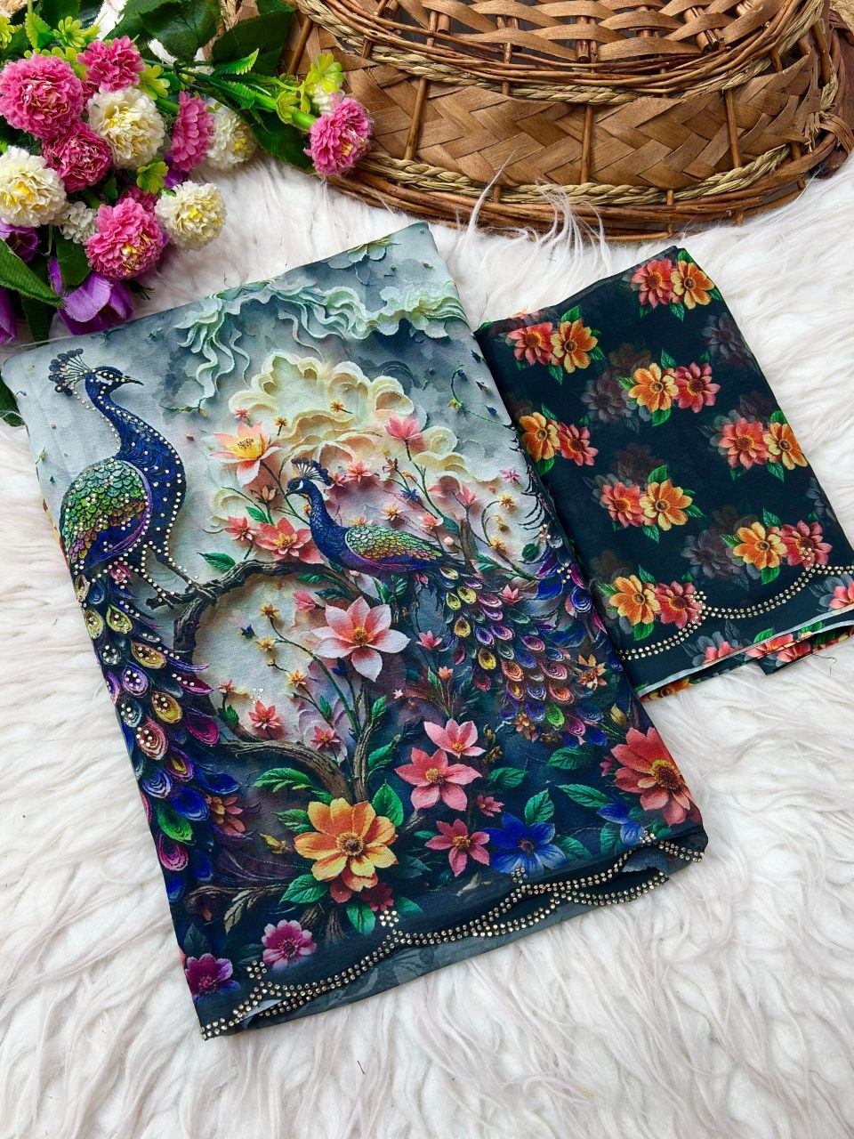 Wetless digital print with beautiful jarkhan work saree