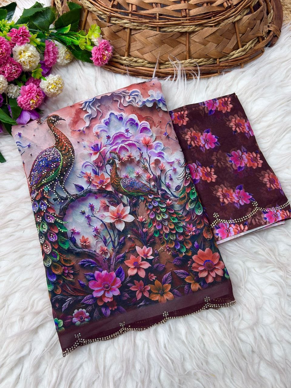 Wetless digital print with beautiful jarkhan work saree