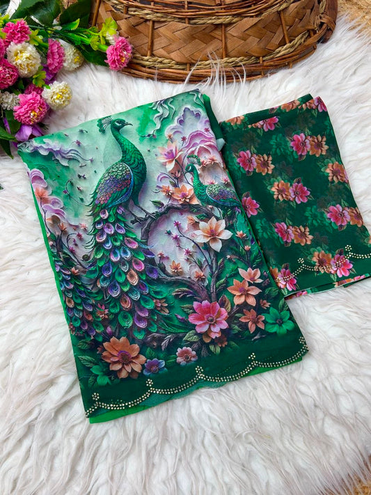 Wetless digital print with beautiful jarkhan work saree