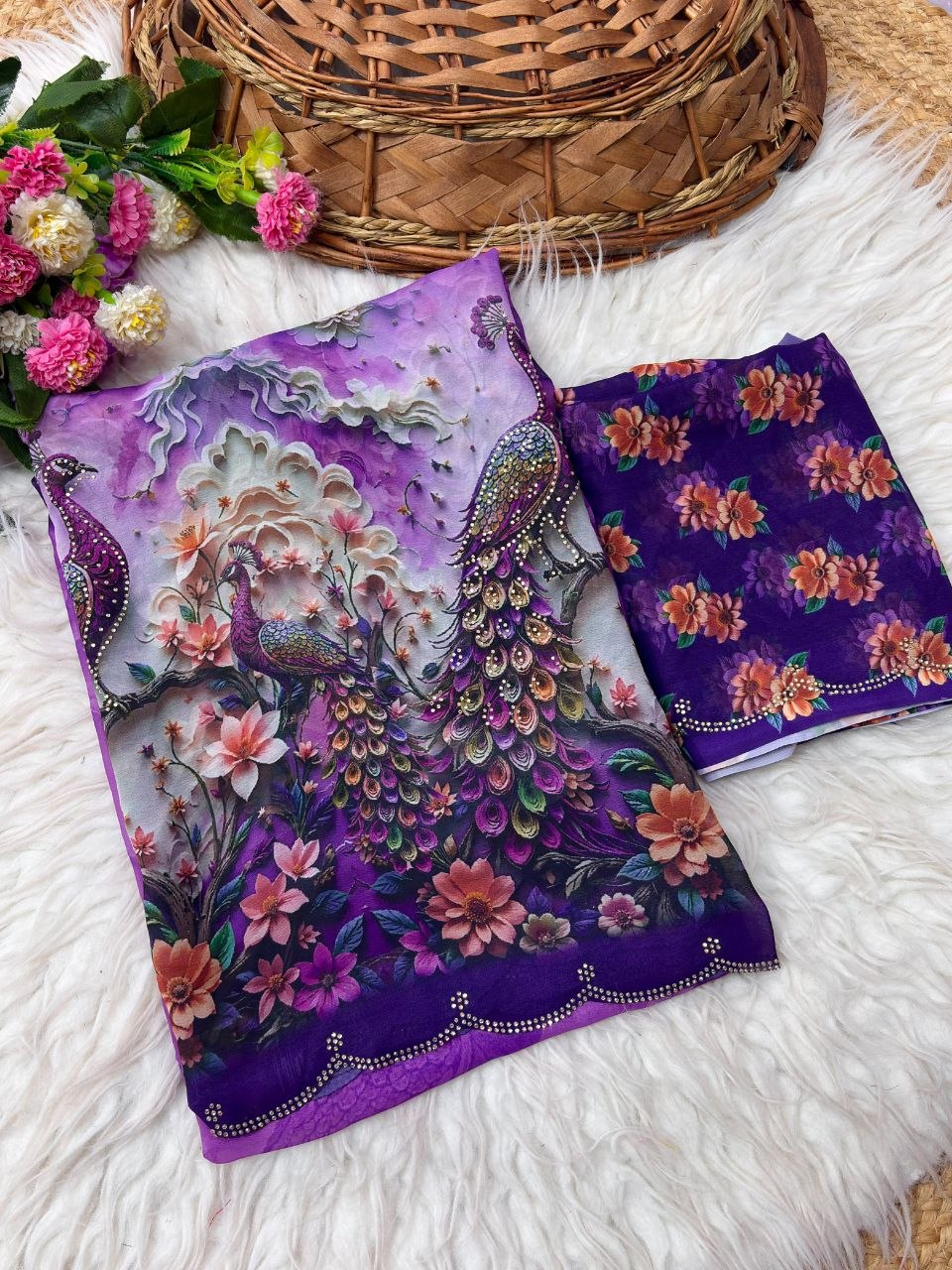 Wetless digital print with beautiful jarkhan work saree