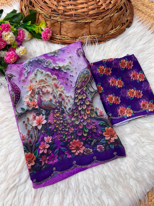 Wetless digital print with beautiful jarkhan work saree