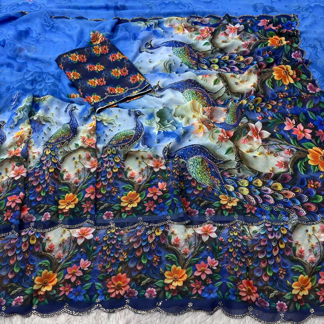 Wetless digital print with beautiful jarkhan work saree