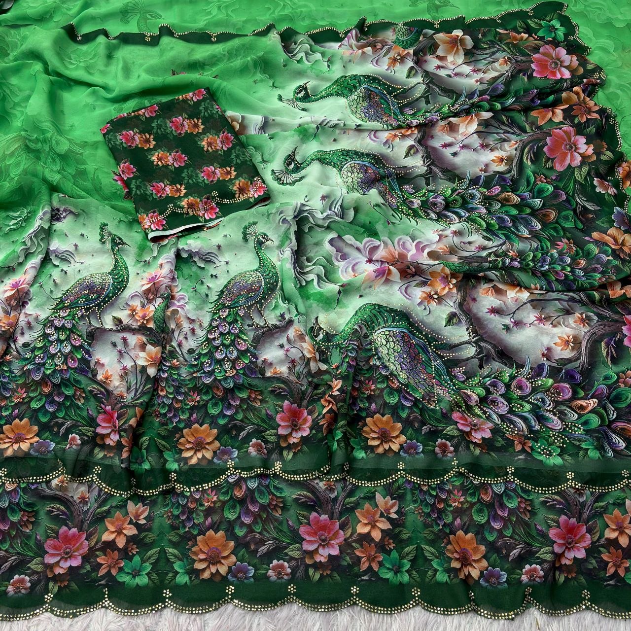 Wetless digital print with beautiful jarkhan work saree
