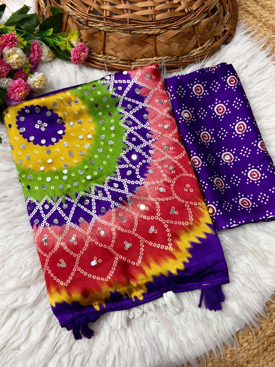 Japan sattin With original mirror work With tassels in pallu saree