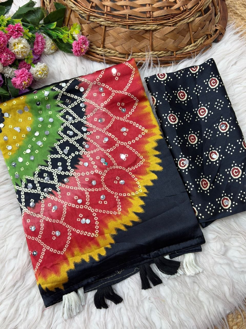 Japan sattin With original mirror work With tassels in pallu saree