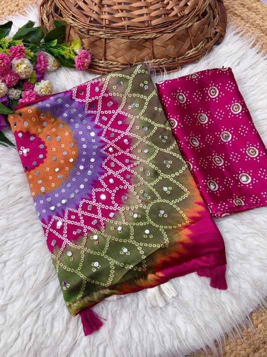 Japan sattin With original mirror work With tassels in pallu saree