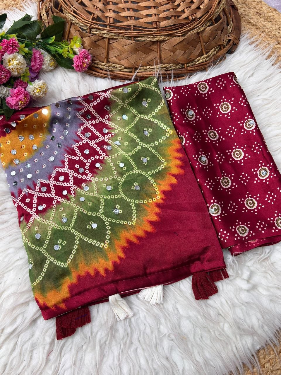 Japan sattin With original mirror work With tassels in pallu saree