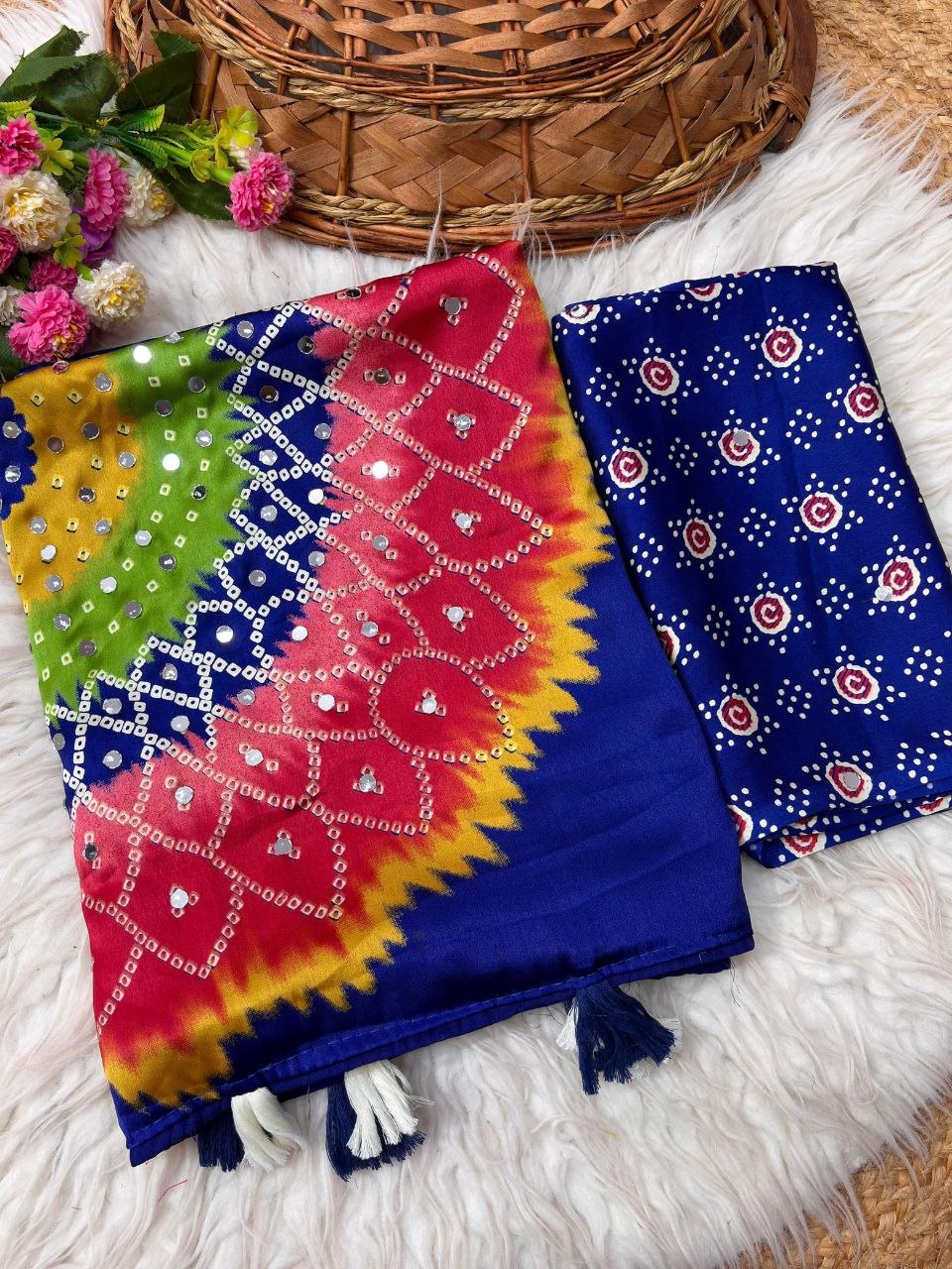 Japan sattin With original mirror work With tassels in pallu saree
