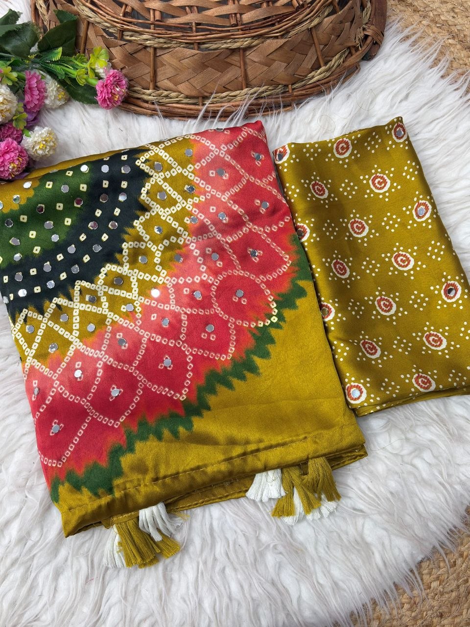 Japan sattin With original mirror work With tassels in pallu saree