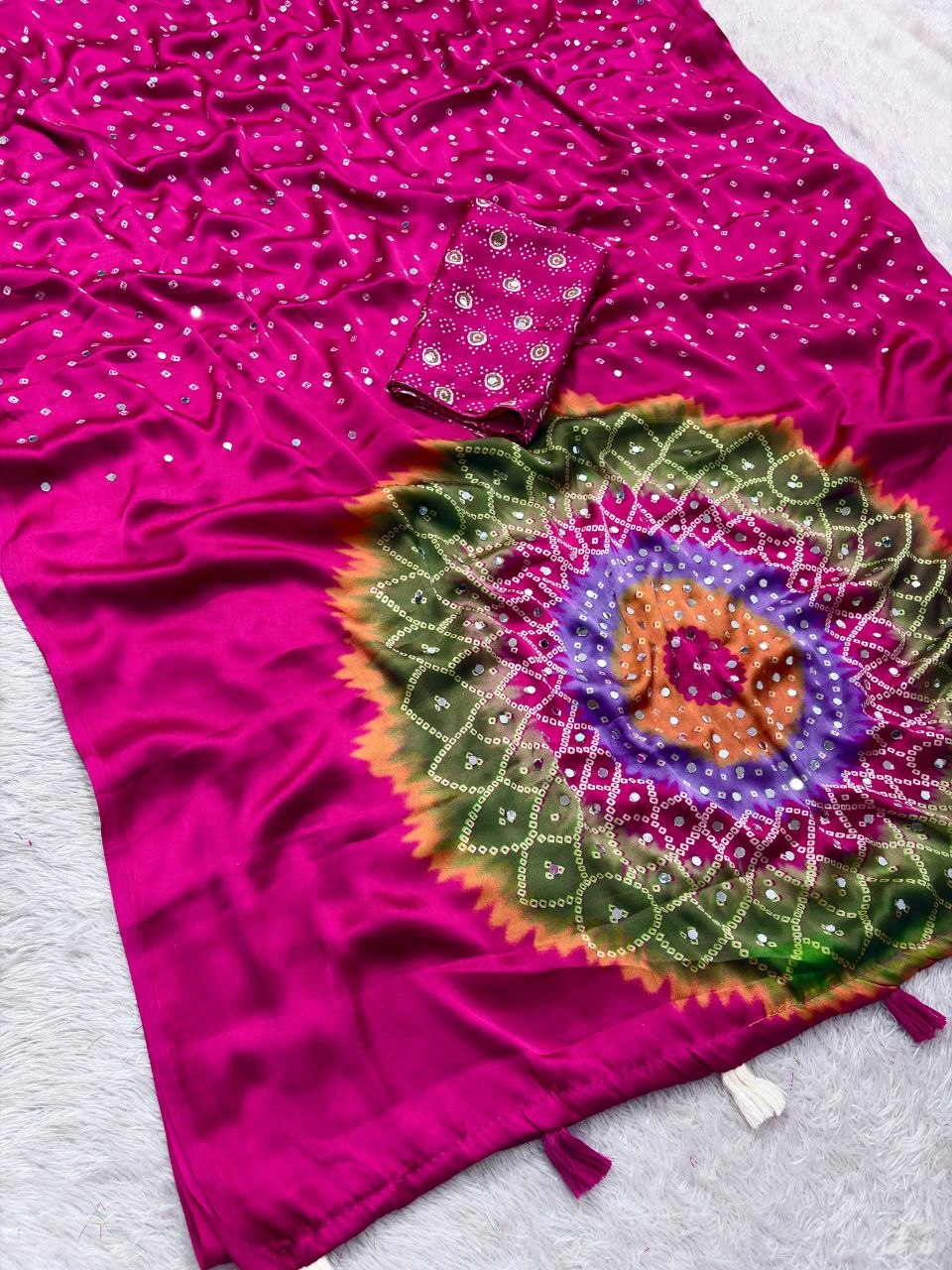Japan sattin With original mirror work With tassels in pallu saree