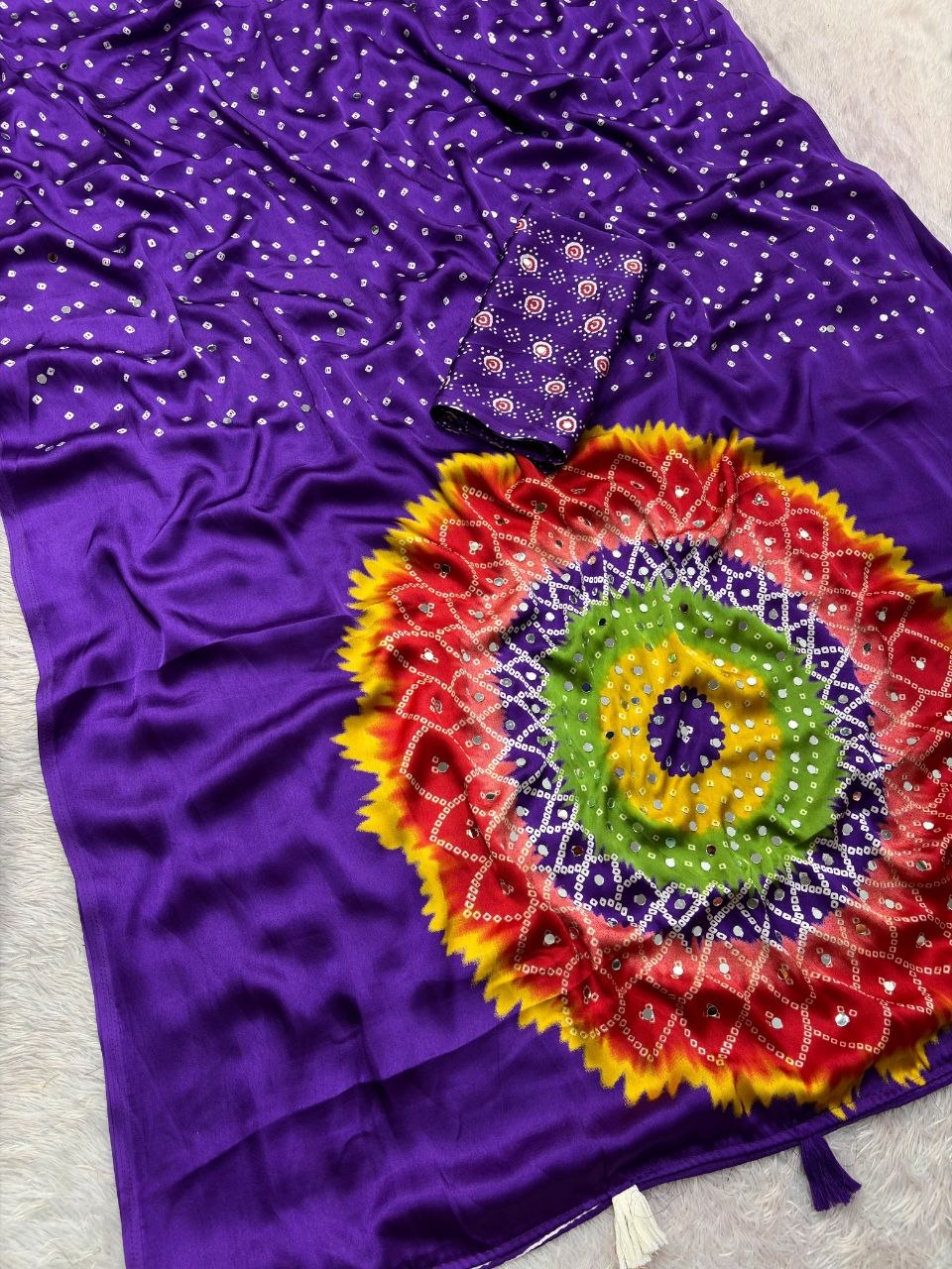Japan sattin With original mirror work With tassels in pallu saree