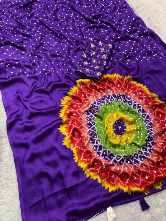 Japan sattin With original mirror work With tassels in pallu saree