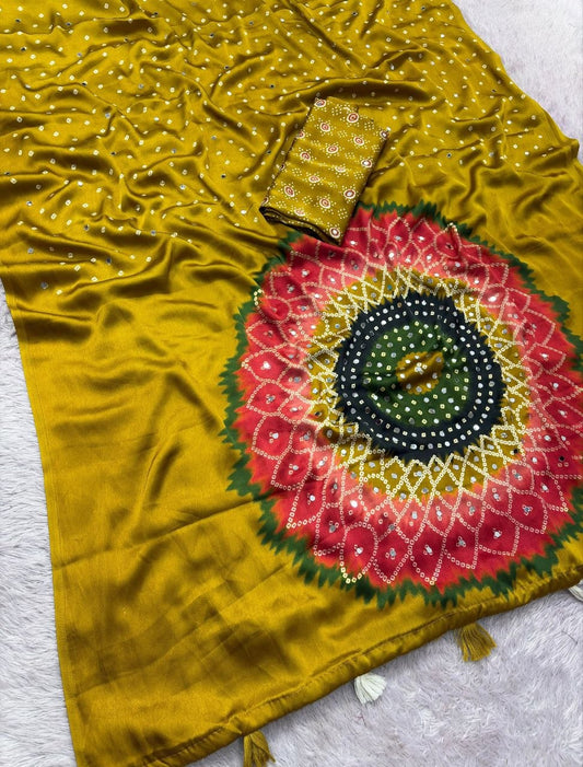 Japan sattin With original mirror work With tassels in pallu saree