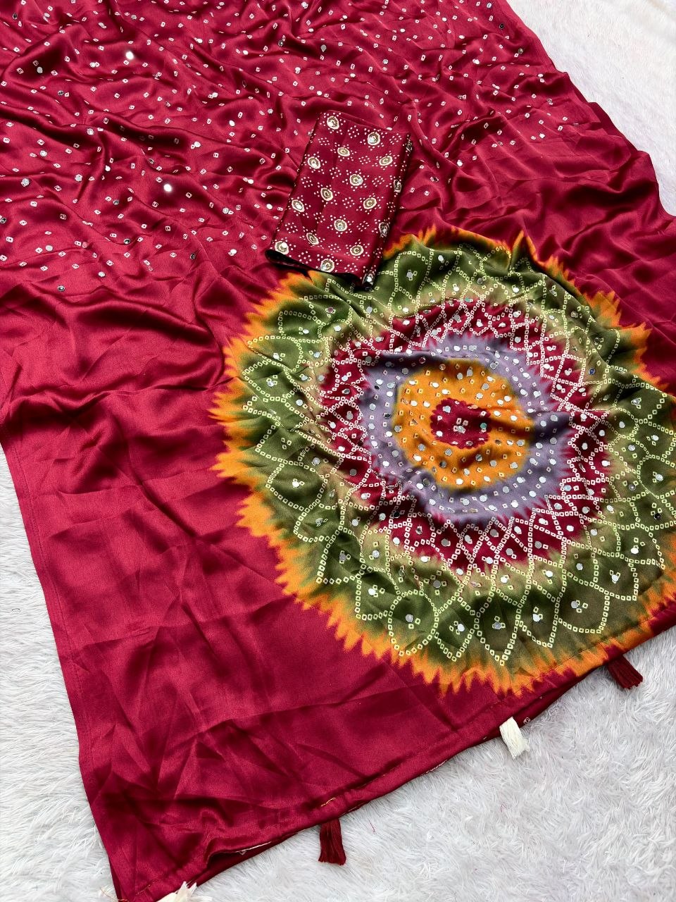 Japan sattin With original mirror work With tassels in pallu saree