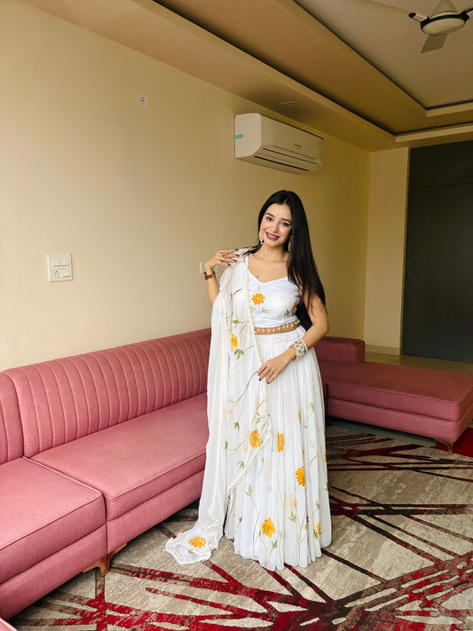 Pure Organza hand-painted floral design lehenga