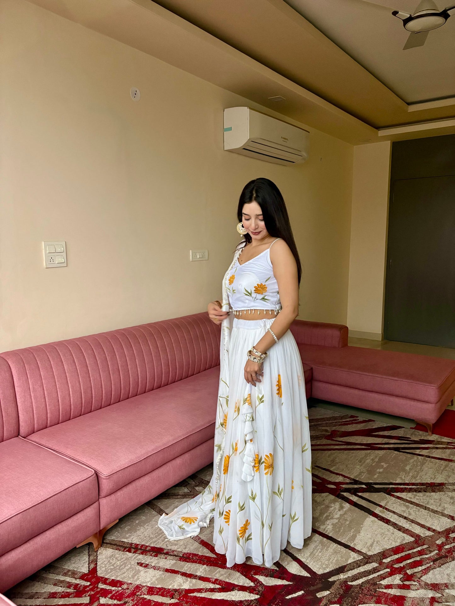 Pure Organza hand-painted floral design lehenga