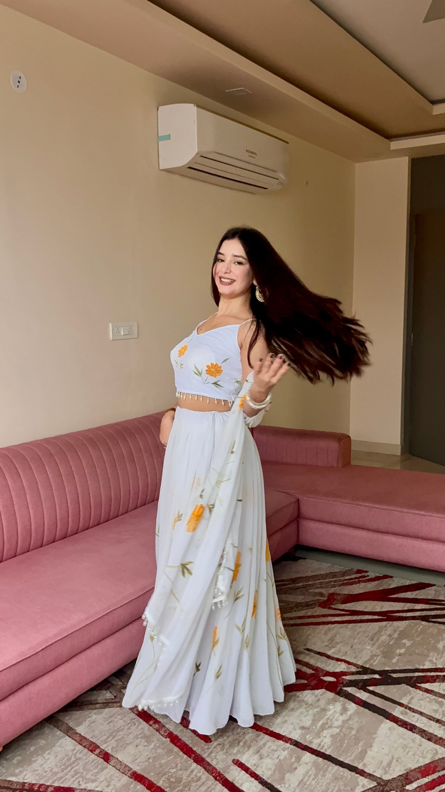 Pure Organza hand-painted floral design lehenga