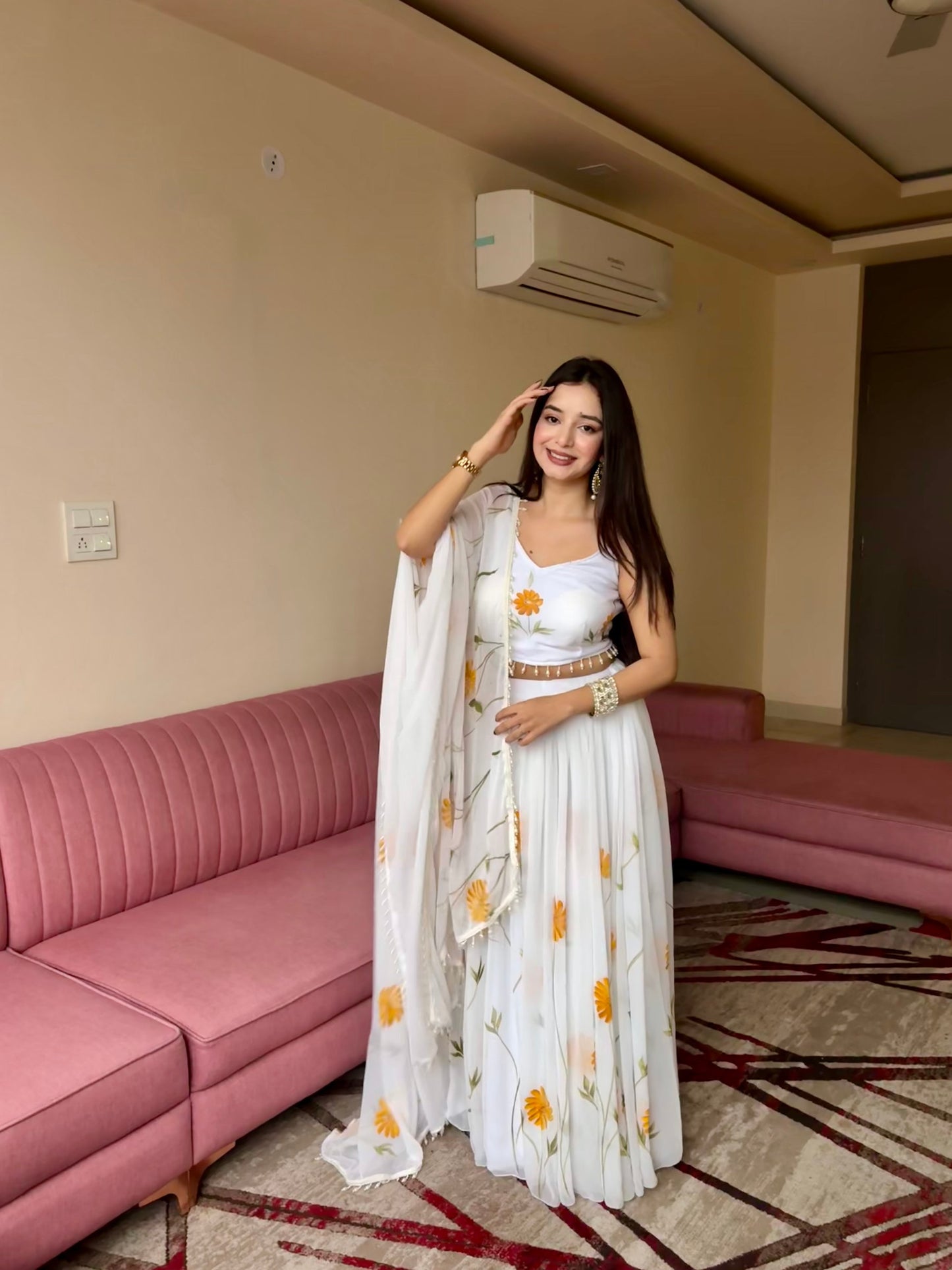 Pure Organza hand-painted floral design lehenga