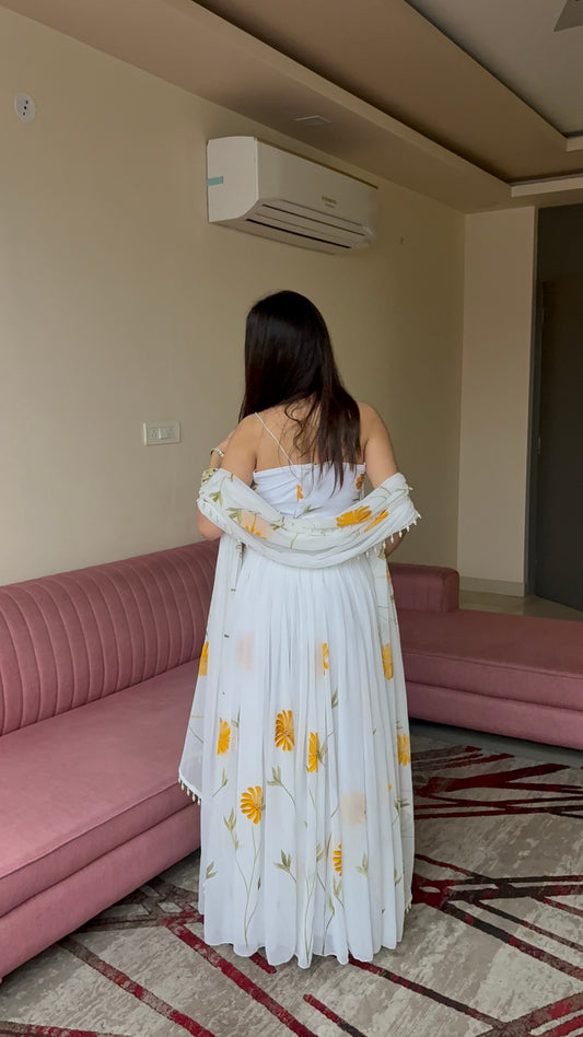 Pure Organza hand-painted floral design lehenga