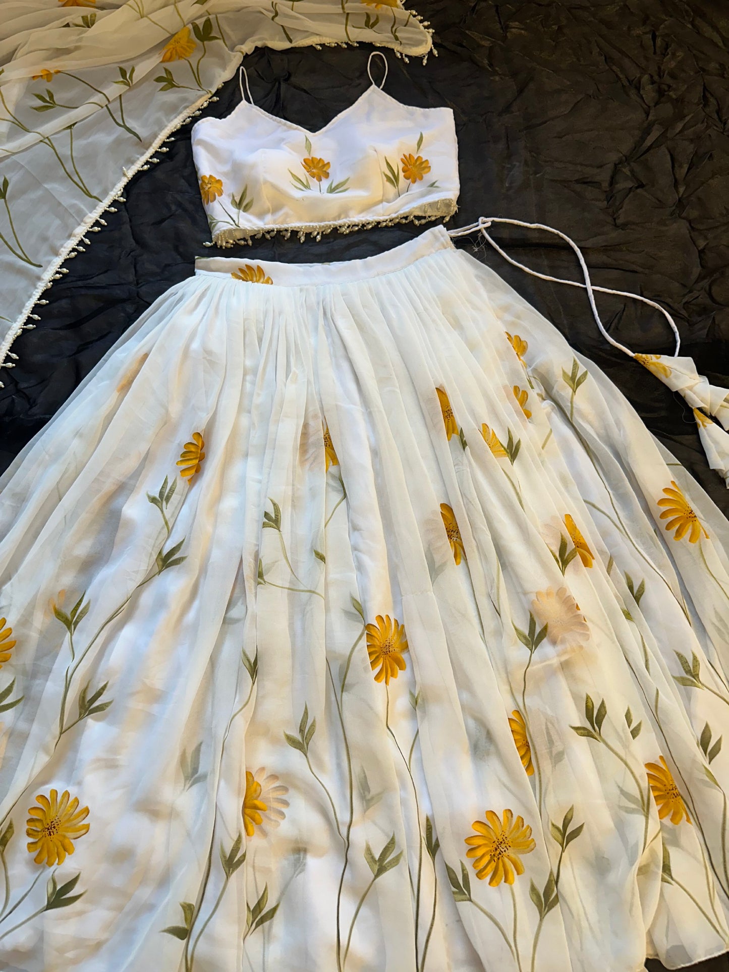 Pure Organza hand-painted floral design lehenga