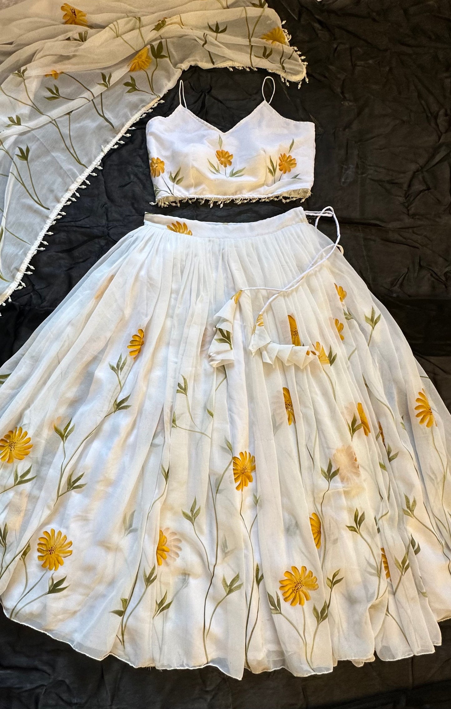 Pure Organza hand-painted floral design lehenga