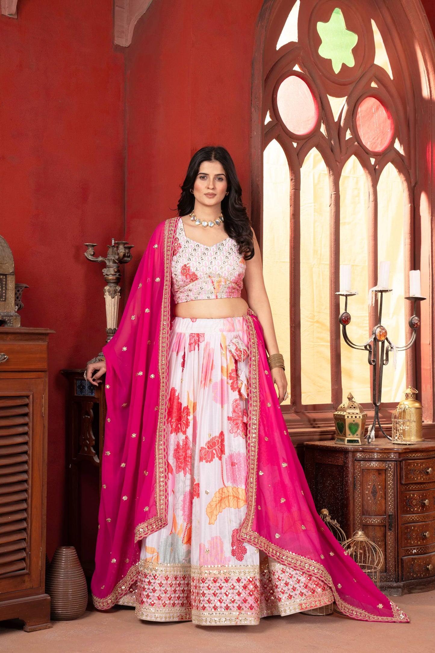 Chinon Silk Digital Print with Sequins Codding Embroidery Work Choli