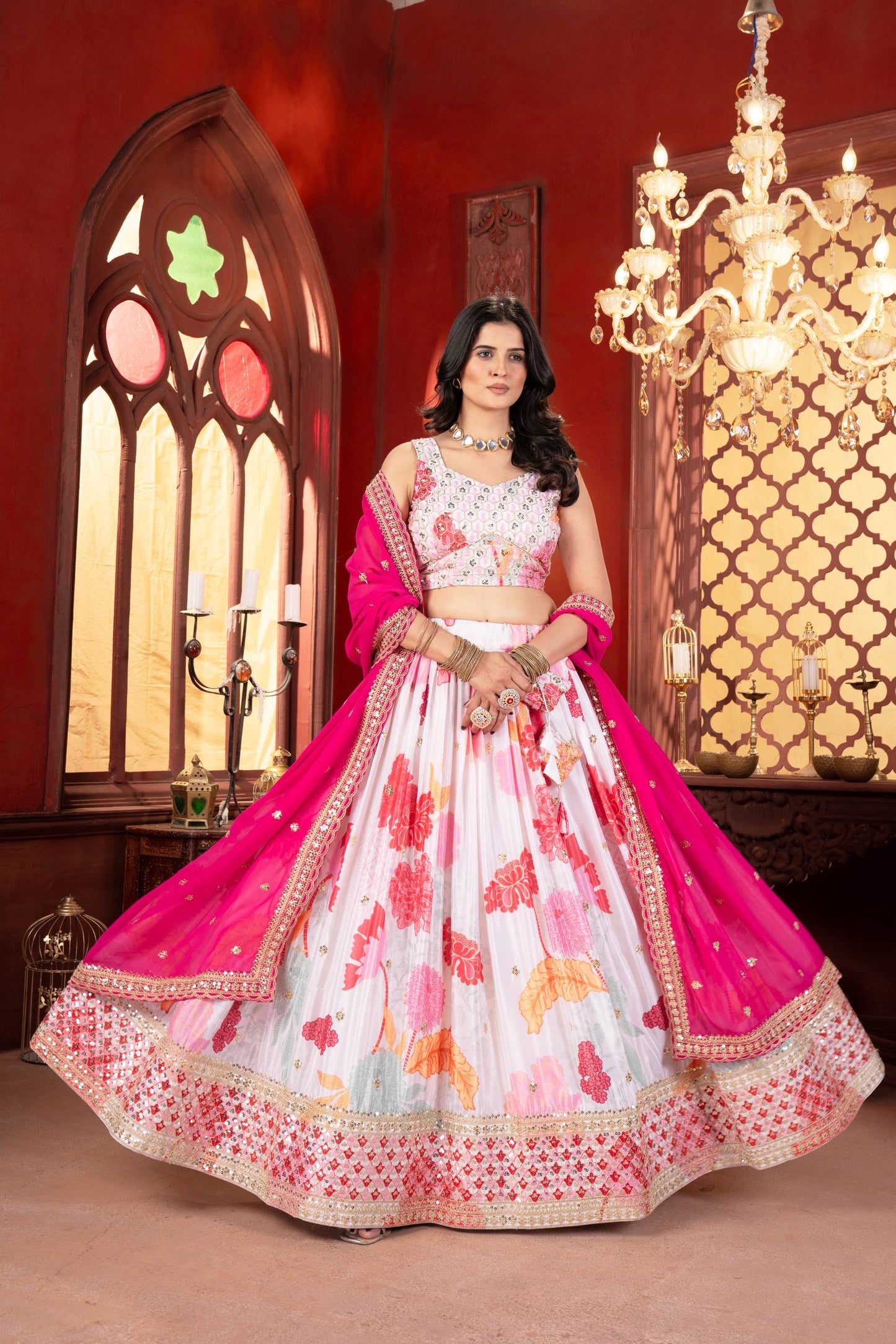 Chinon Silk Digital Print with Sequins Codding Embroidery Work Choli