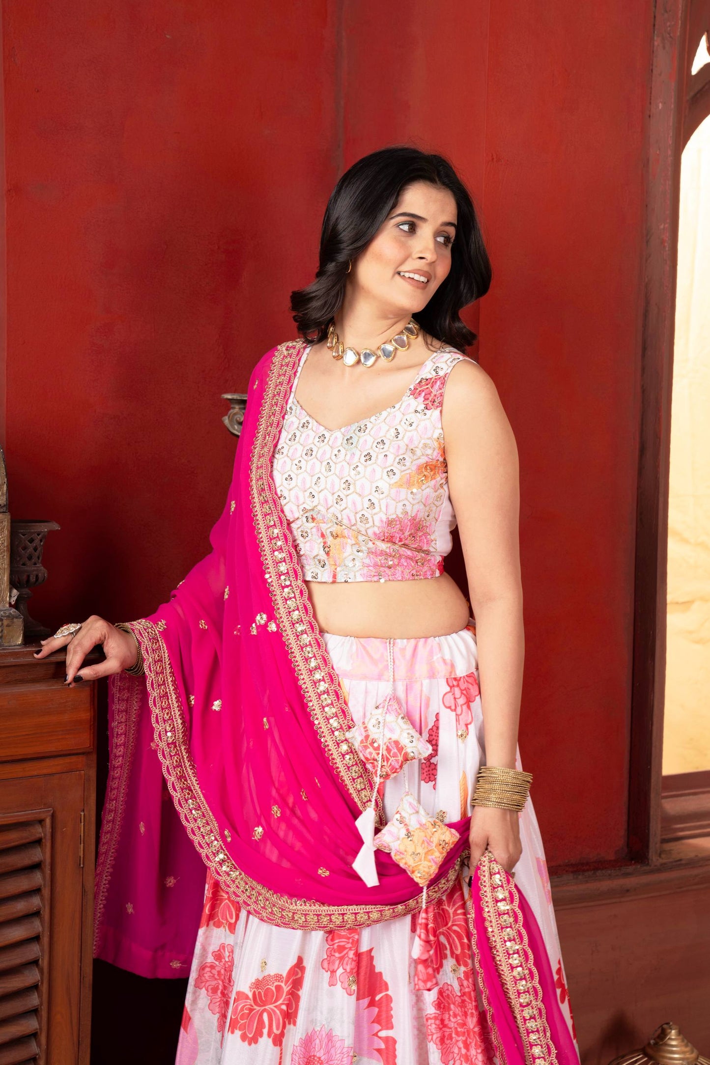 Chinon Silk Digital Print with Sequins Codding Embroidery Work Choli