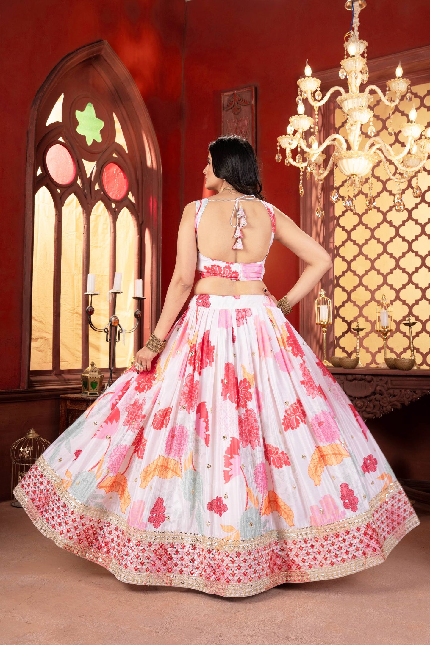 Chinon Silk Digital Print with Sequins Codding Embroidery Work Choli