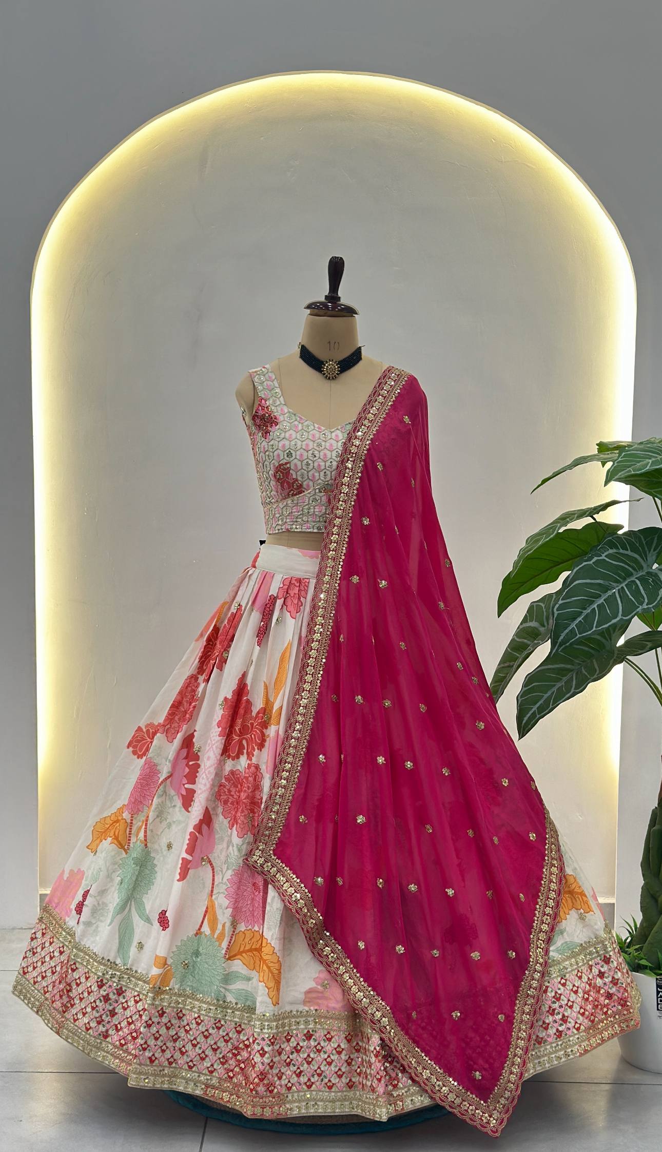 Chinon Silk Digital Print with Sequins Codding Embroidery Work Choli