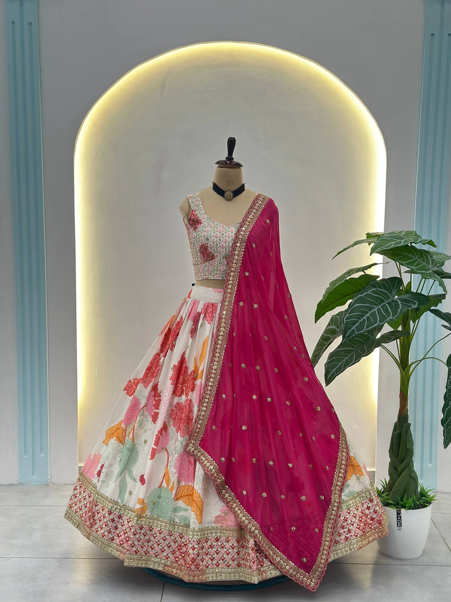 Chinon Silk Digital Print with Sequins Codding Embroidery Work Choli