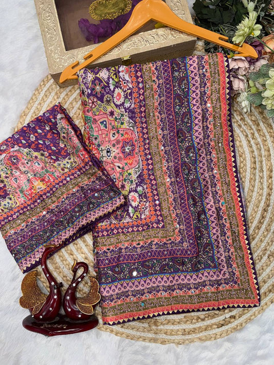Soft Chinnon with beautiful print saree