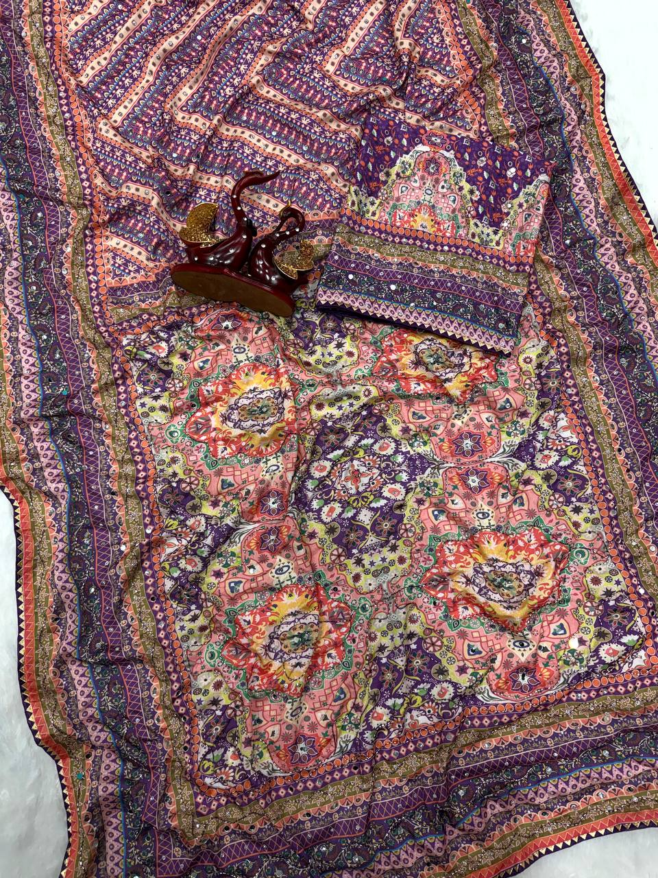 Soft Chinnon with beautiful print saree