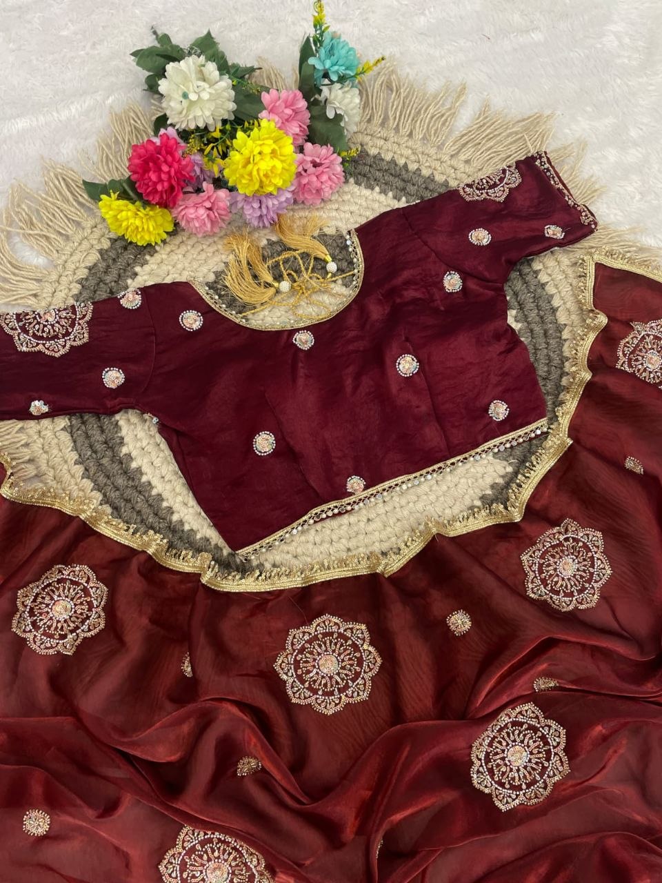 Very Soft nd Elegant rich look space silk fabric with amazing embroidery beats work saree