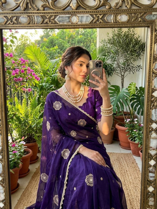 Very Soft nd Elegant rich look space silk fabric with amazing embroidery beats work saree