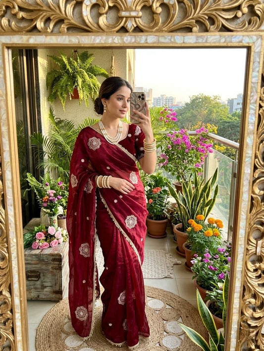 Very Soft nd Elegant rich look space silk fabric with amazing embroidery beats work saree