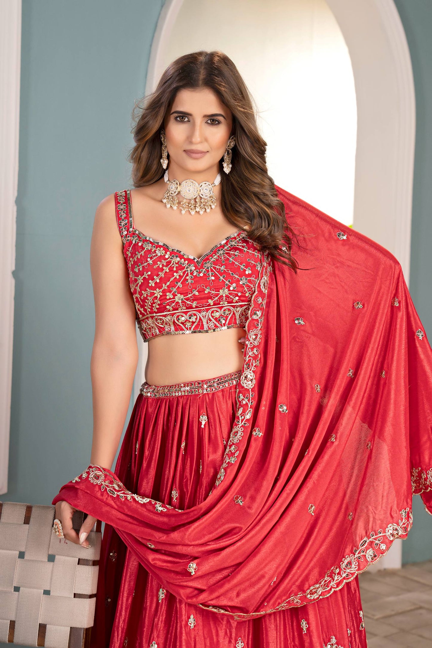 Chinon Silk Digital Print with Sequins Codding Embroidery Work Choli