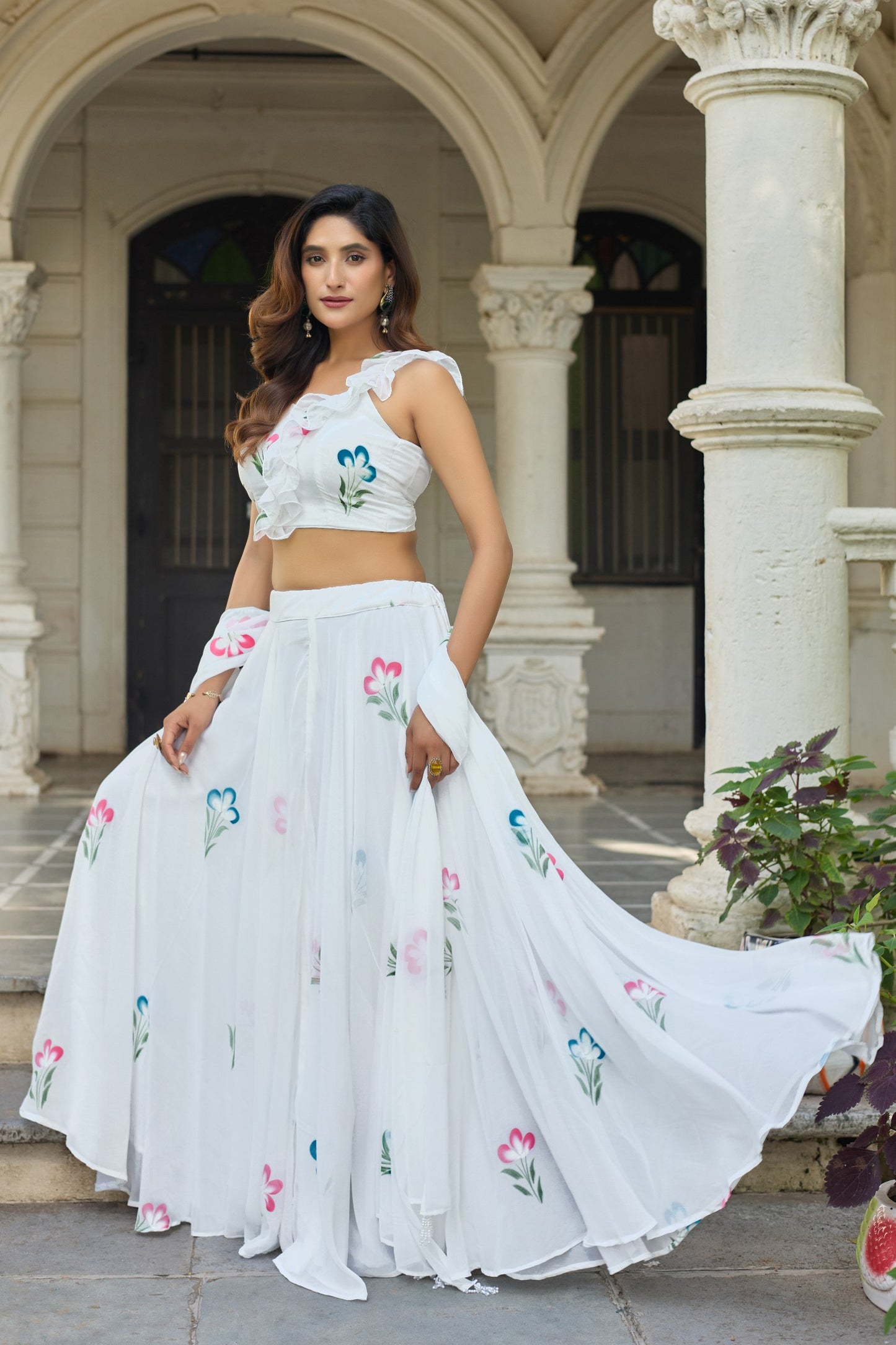 Soft Georgette hand-painted floral design lehenga