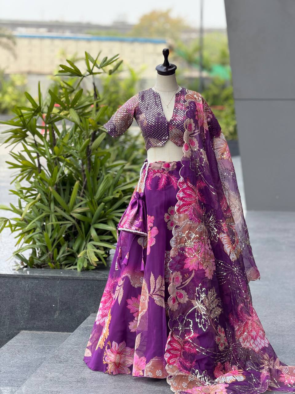 Organza digital printed lehnga