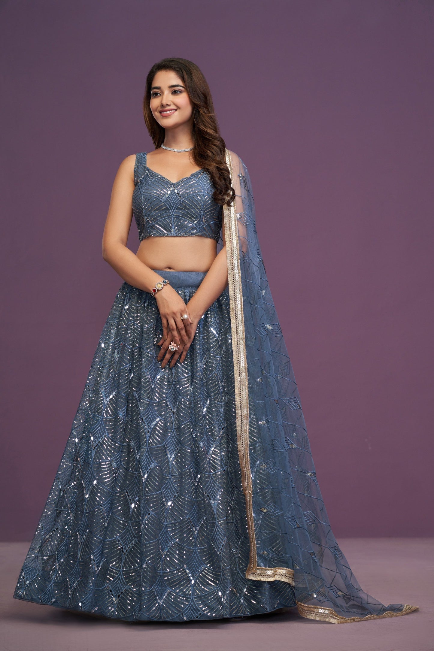 Net Thread Sequence,embroidery With Real mirror choli