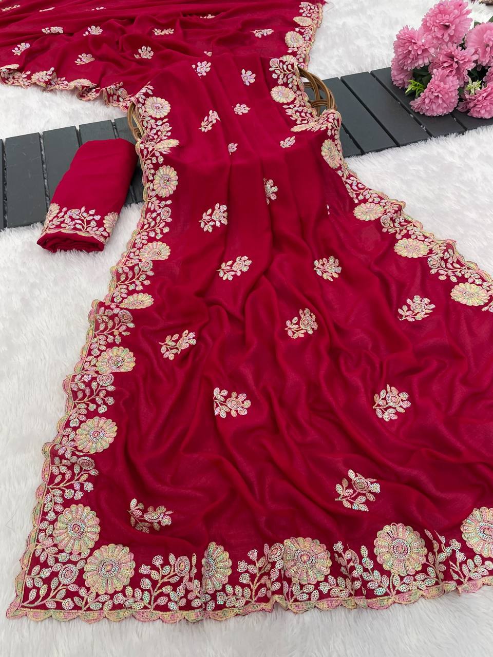 Premium blooming vichitra with c pallu embroidery work saree